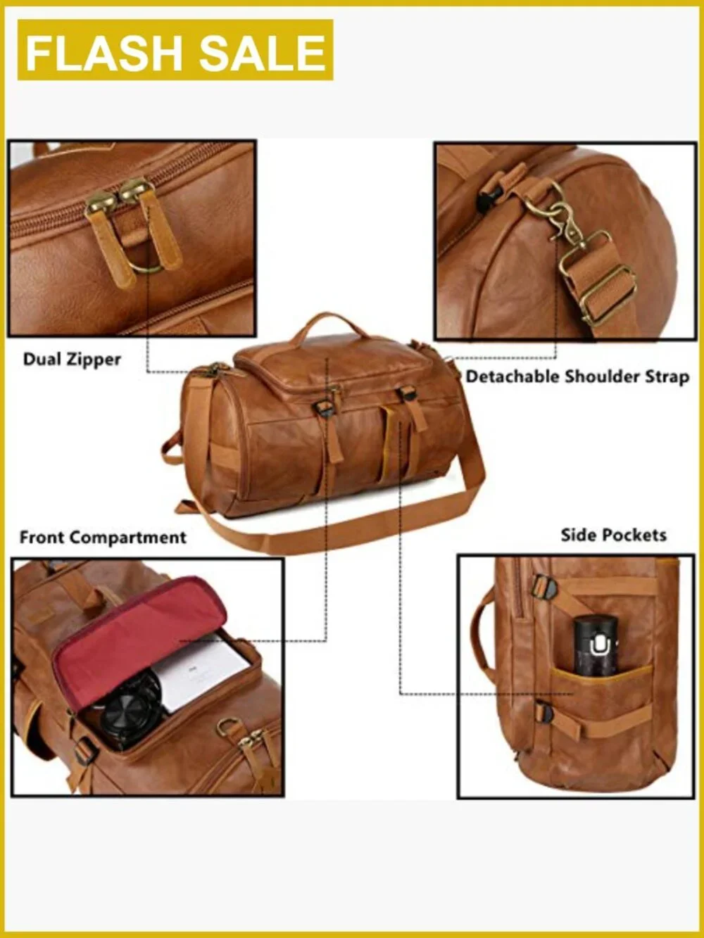 Men's Vegan Leather Travel Duffel Backpack 3-Ways Convertible Weekender Bag